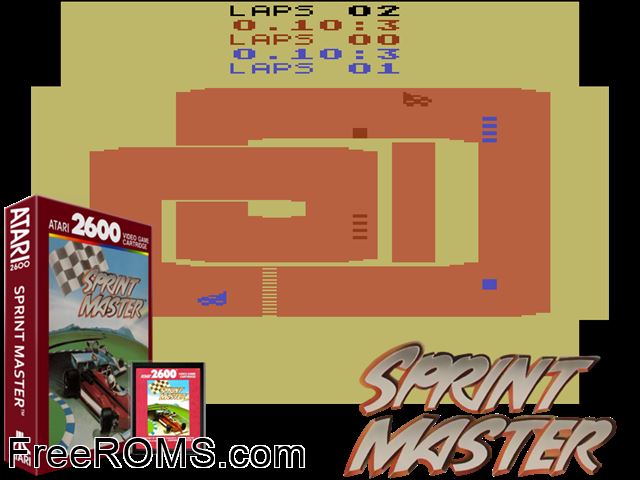 Sprintmaster Atari game showing 3D box cover and gameplay screenshot