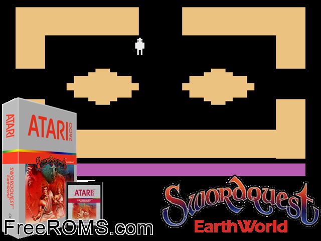 SwordQuest EarthWorld Atari game showing 3D box cover and gameplay screenshot