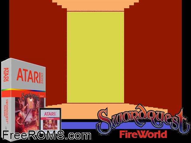 SwordQuest FireWorld Atari game showing 3D box cover and gameplay screenshot