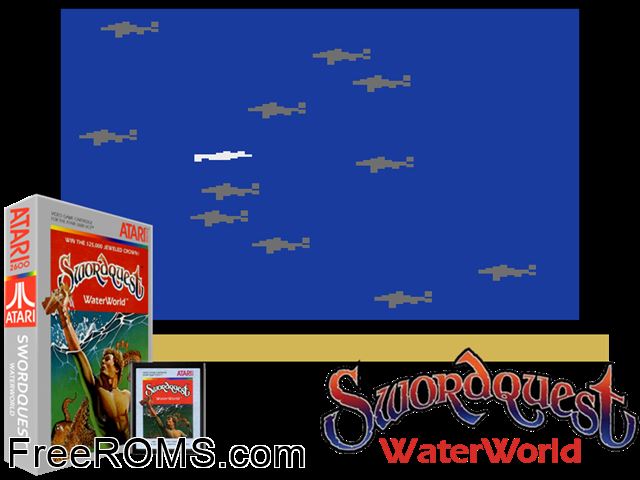 SwordQuest WaterWorld Atari game showing 3D box cover and gameplay screenshot
