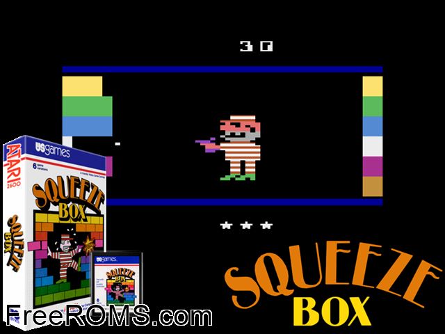 Squeeze Box Atari game showing 3D box cover and gameplay screenshot