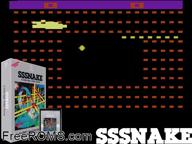 Sssnake Atari game showing 3D box cover and gameplay screenshot