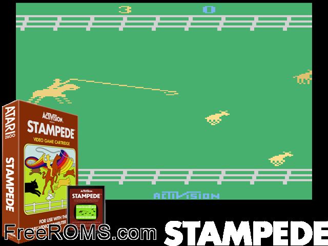 Stampede Atari game showing 3D box cover and gameplay screenshot