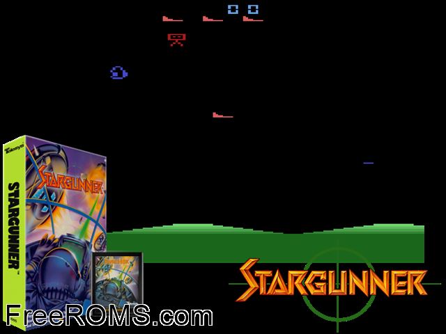 Star Gunner Atari game showing 3D box cover and gameplay screenshot