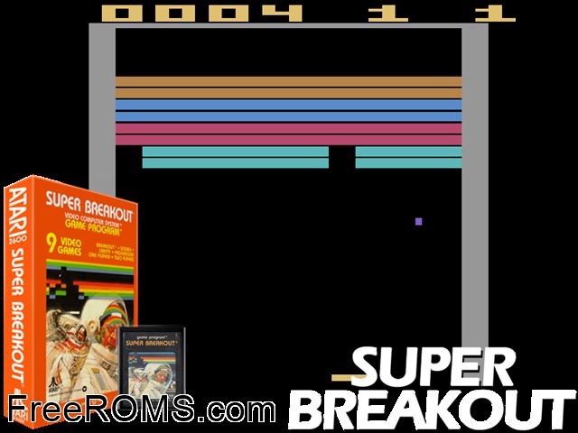 Super Breakout Atari game showing 3D box cover and gameplay screenshot