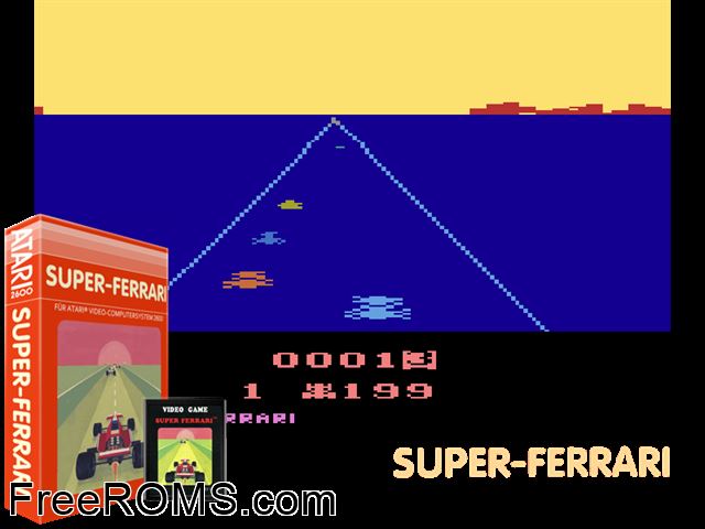 Super Ferrari Atari game showing 3D box cover and gameplay screenshot
