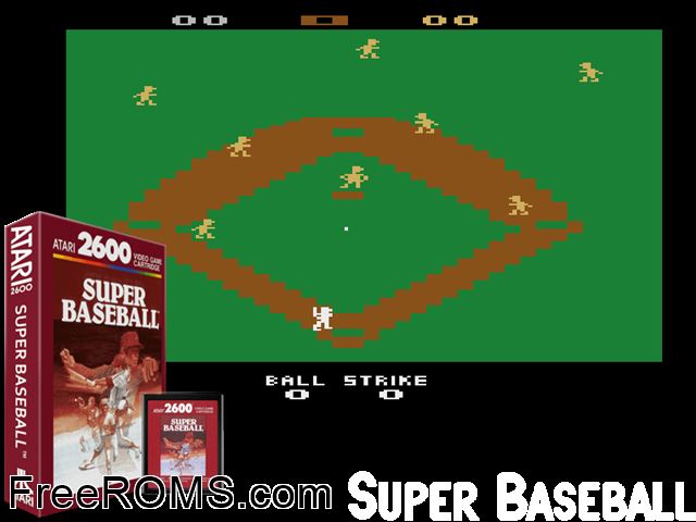 Super Baseball Atari game showing 3D box cover and gameplay screenshot