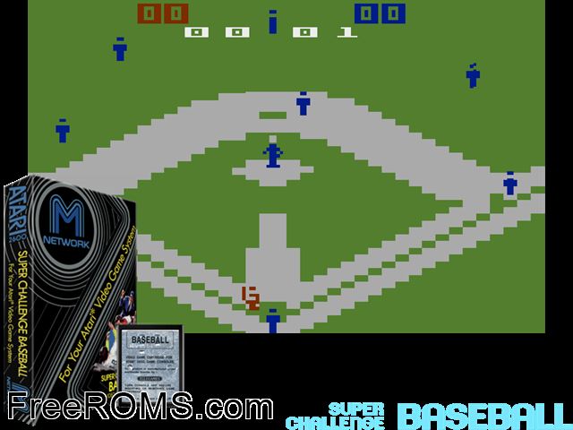 Super Challenge Baseball Atari game showing 3D box cover and gameplay screenshot
