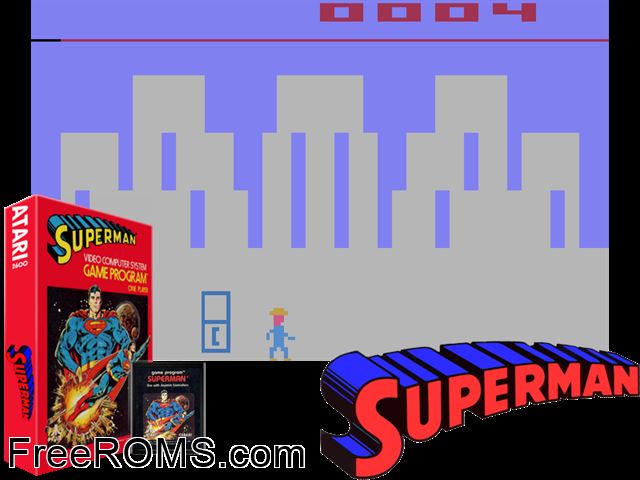 Superman Atari game showing 3D box cover and gameplay screenshot