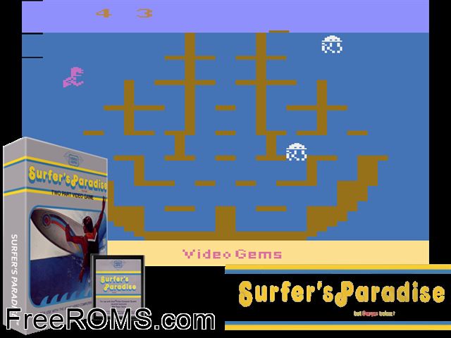 Surfer's Paradise: But Danger Below! Atari game showing 3D box cover and gameplay screenshot