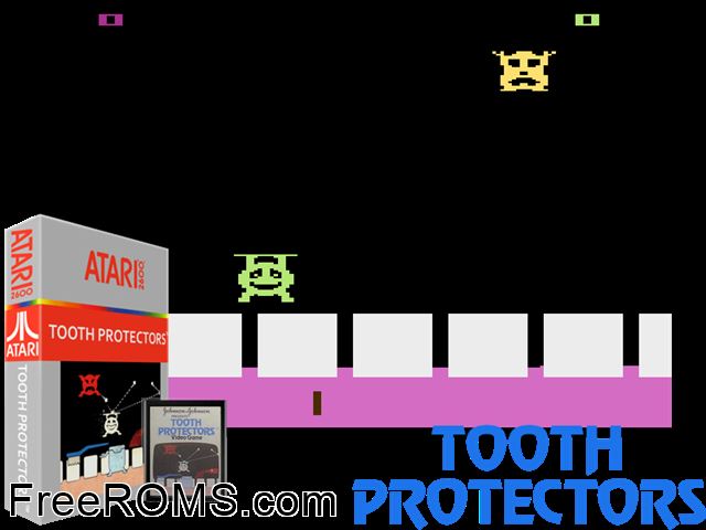 Tooth Protectors Atari game showing 3D box cover and gameplay screenshot