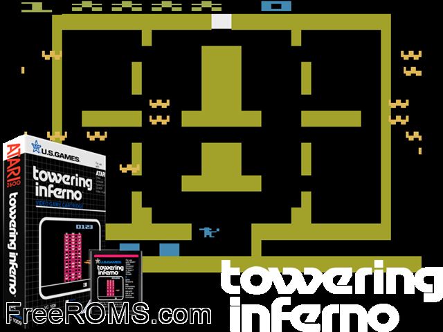 Towering Inferno Atari game showing 3D box cover and gameplay screenshot