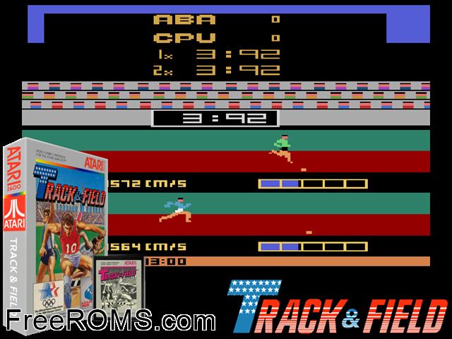 Track and Field Atari game showing 3D box cover and gameplay screenshot