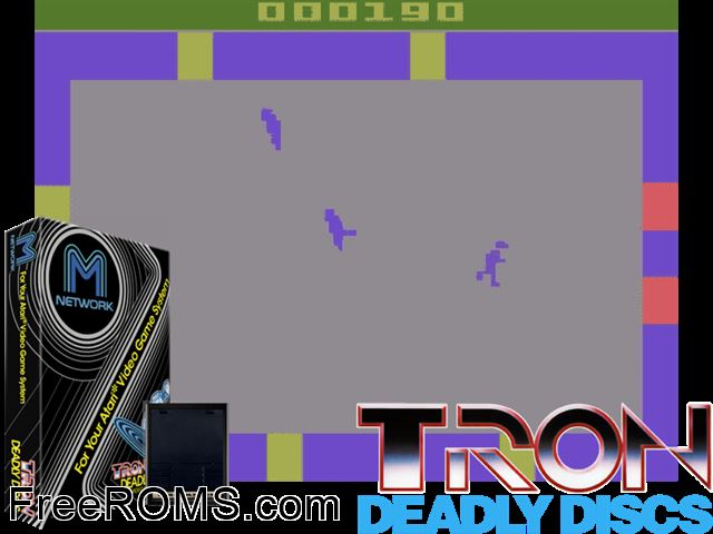 Tron Deadly Discs Atari game showing 3D box cover and gameplay screenshot