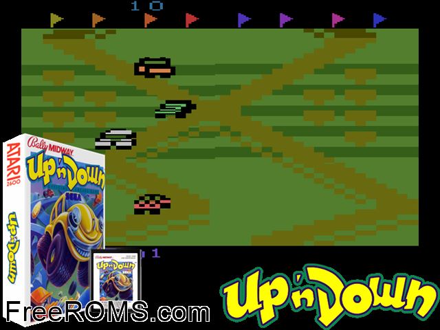 Up 'n' Down Atari game showing 3D box cover and gameplay screenshot