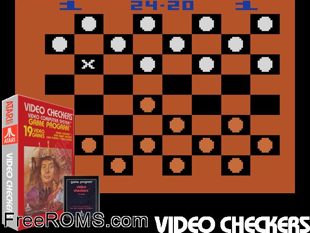 Video Checkers Atari game showing 3D box cover and gameplay screenshot