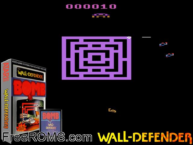 Wall Defender Atari game showing 3D box cover and gameplay screenshot