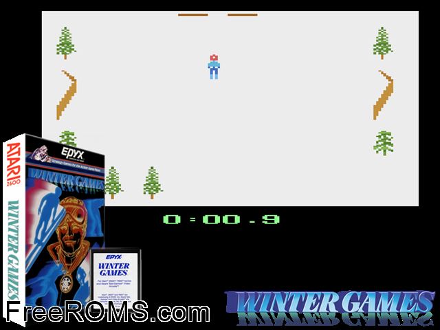 Winter Games Atari game showing 3D box cover and gameplay screenshot