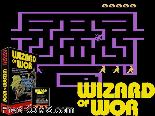 Wizard of Wor Atari game showing 3D box cover and gameplay screenshot