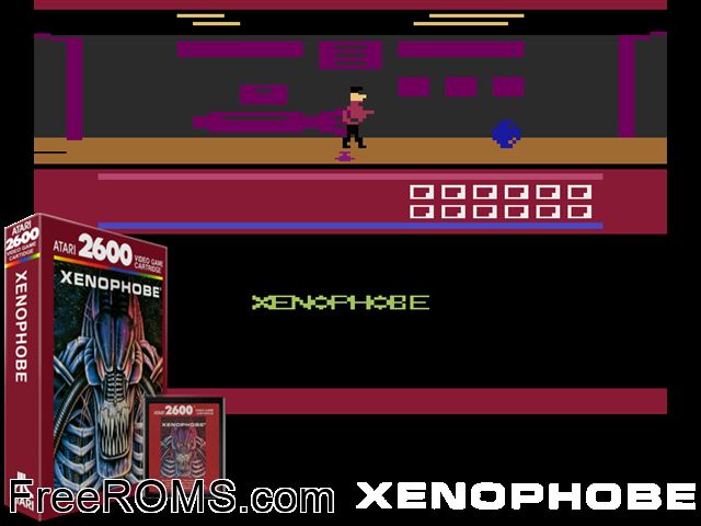 Xenophobe Atari game showing 3D box cover and gameplay screenshot
