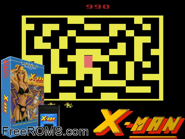 X-Man Atari game showing 3D box cover and gameplay screenshot