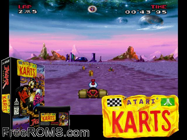 Atari Karts (1995) Atari Jaguar game showing 3D box cover and gameplay screenshot