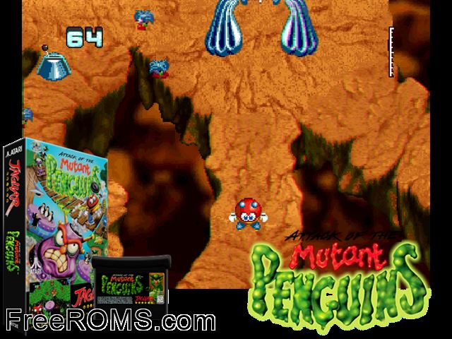 Attack of the Mutant Penguins (1996) Atari Jaguar game showing 3D box cover and gameplay screenshot