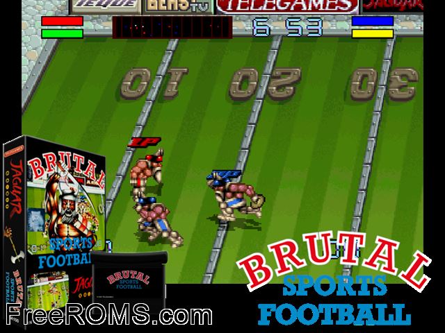 Brutal Sports Football (1994) (Telegames) Atari Jaguar game showing 3D box cover and gameplay screenshot