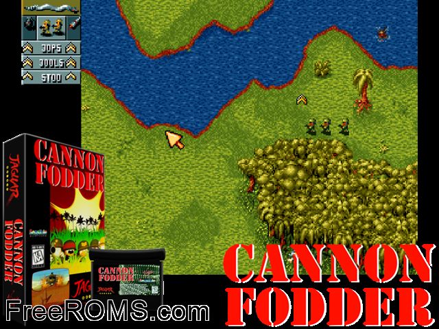 Cannon Fodder (1995) (Computer West) Atari Jaguar game showing 3D box cover and gameplay screenshot