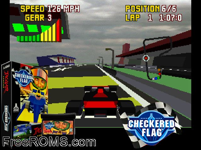 Checkered Flag (1994) Atari Jaguar game showing 3D box cover and gameplay screenshot