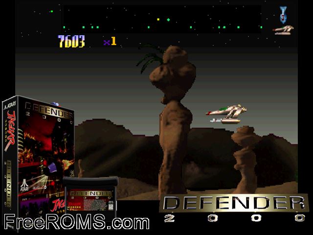 Defender 2000 (1996) Atari Jaguar game showing 3D box cover and gameplay screenshot