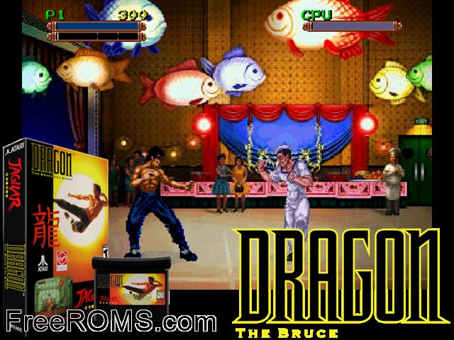 Dragon - The Bruce Lee Story (1994) Atari Jaguar game showing 3D box cover and gameplay screenshot