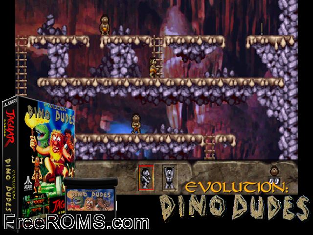 Evolution - Dino Dudes (1993) Atari Jaguar game showing 3D box cover and gameplay screenshot