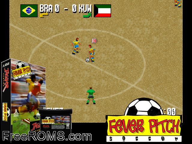Fever Pitch Soccer (1995) Atari Jaguar game showing 3D box cover and gameplay screenshot