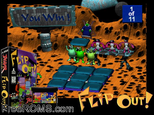 Flip Out (1995) Atari Jaguar game showing 3D box cover and gameplay screenshot