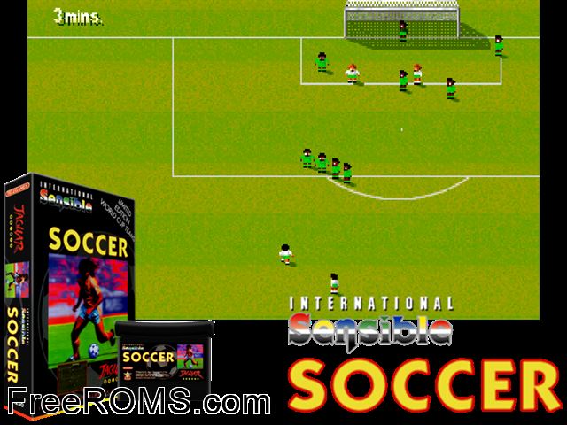 International Sensible Soccer (1995) Atari Jaguar game showing 3D box cover and gameplay screenshot