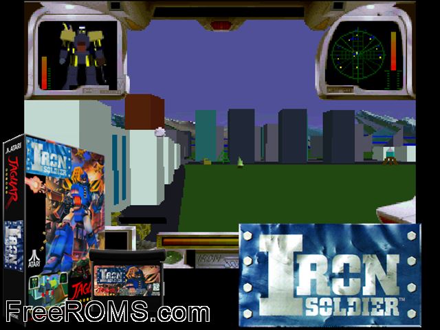 Iron Soldier (1994) Atari Jaguar game showing 3D box cover and gameplay screenshot