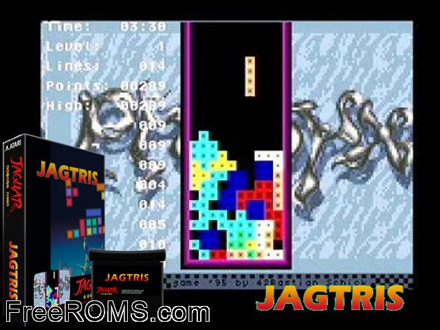 Jaguar Tetris (1995) (PD) Atari Jaguar game showing 3D box cover and gameplay screenshot