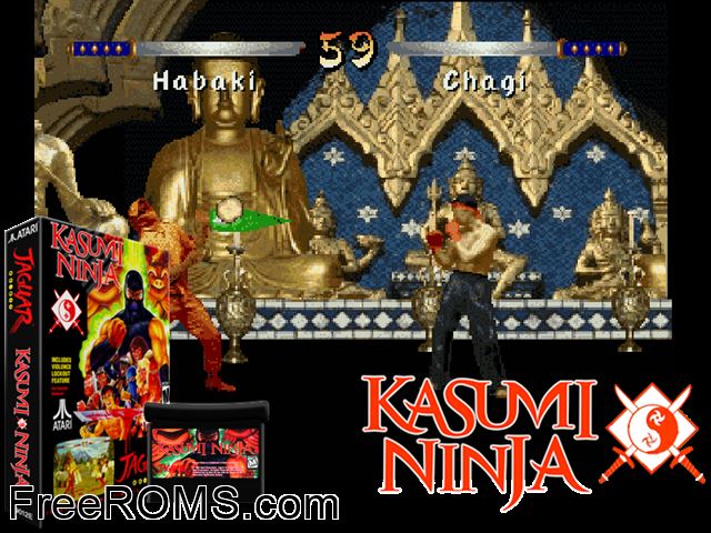 Kasumi Ninja (1994) [a1] Atari Jaguar game showing 3D box cover and gameplay screenshot