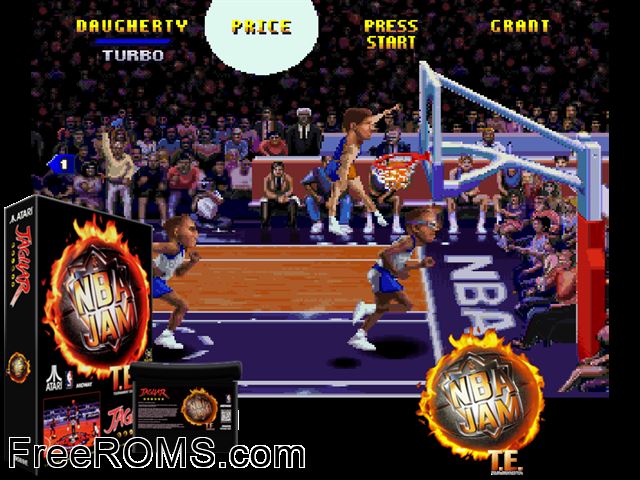 NBA Jam TE (1996) Atari Jaguar game showing 3D box cover and gameplay screenshot