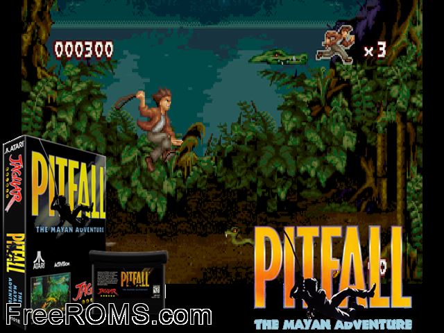Pitfall - The Mayan Adventure (1995) Atari Jaguar game showing 3D box cover and gameplay screenshot