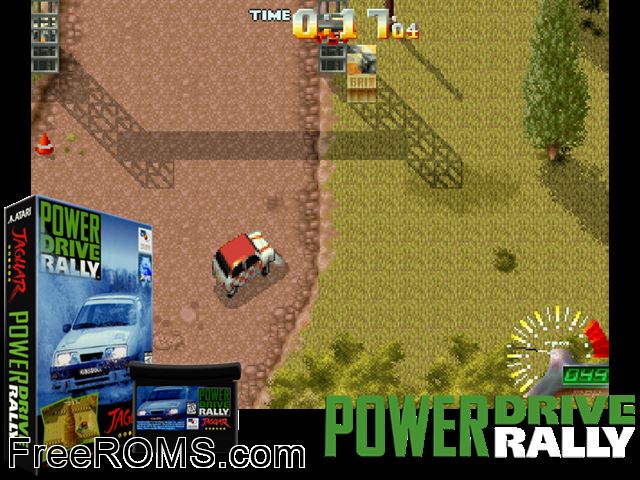 Power Drive Rally (1995) (TWI) Atari Jaguar game showing 3D box cover and gameplay screenshot