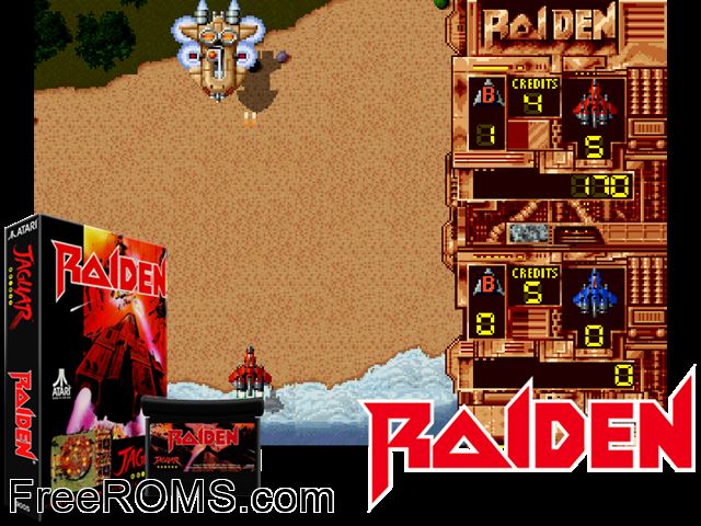 Raiden (1994) Atari Jaguar game showing 3D box cover and gameplay screenshot