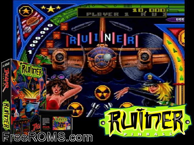 Ruiner Pinball (1995) Atari Jaguar game showing 3D box cover and gameplay screenshot