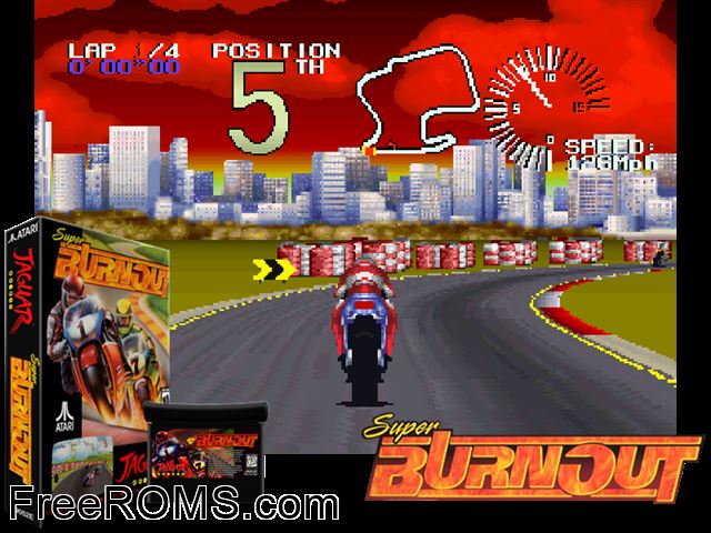 Super Burnout (1995) Atari Jaguar game showing 3D box cover and gameplay screenshot