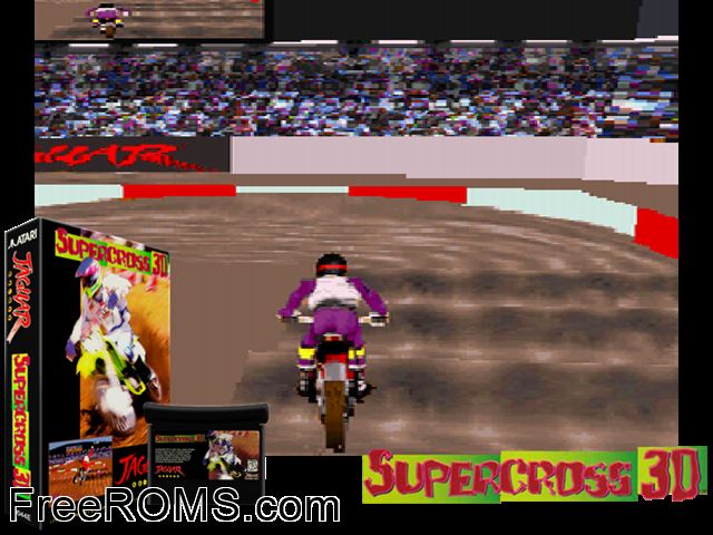 Super Cross 3D (1995) Atari Jaguar game showing 3D box cover and gameplay screenshot