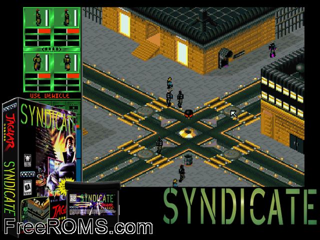 Syndicate (1995) (Ocean) Atari Jaguar game showing 3D box cover and gameplay screenshot