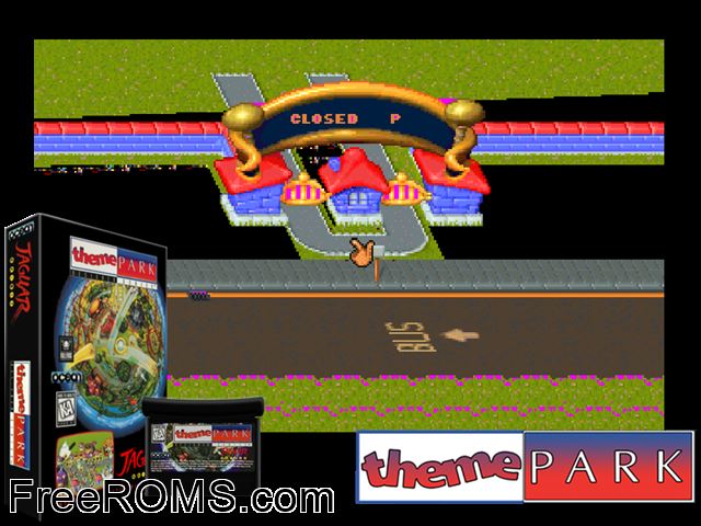 Theme Park (1995) (Ocean) Atari Jaguar game showing 3D box cover and gameplay screenshot