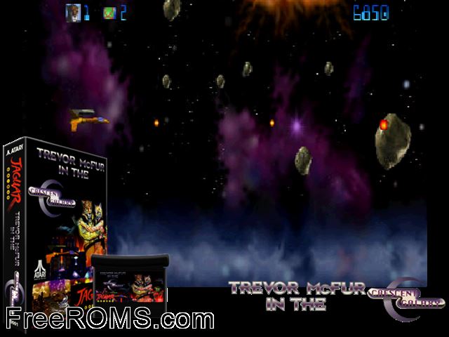 Trevor McFur in the Crescent Galaxy (1993) Atari Jaguar game showing 3D box cover and gameplay screenshot