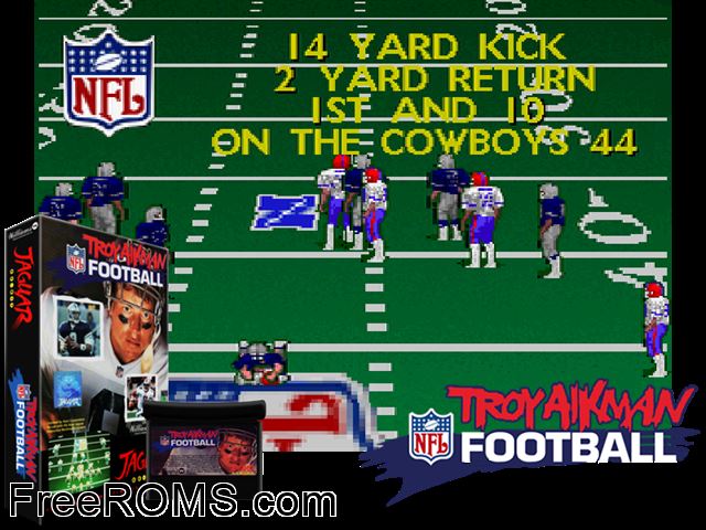 Troy Aikman NFL Football (1995) (Williams) Atari Jaguar game showing 3D box cover and gameplay screenshot
